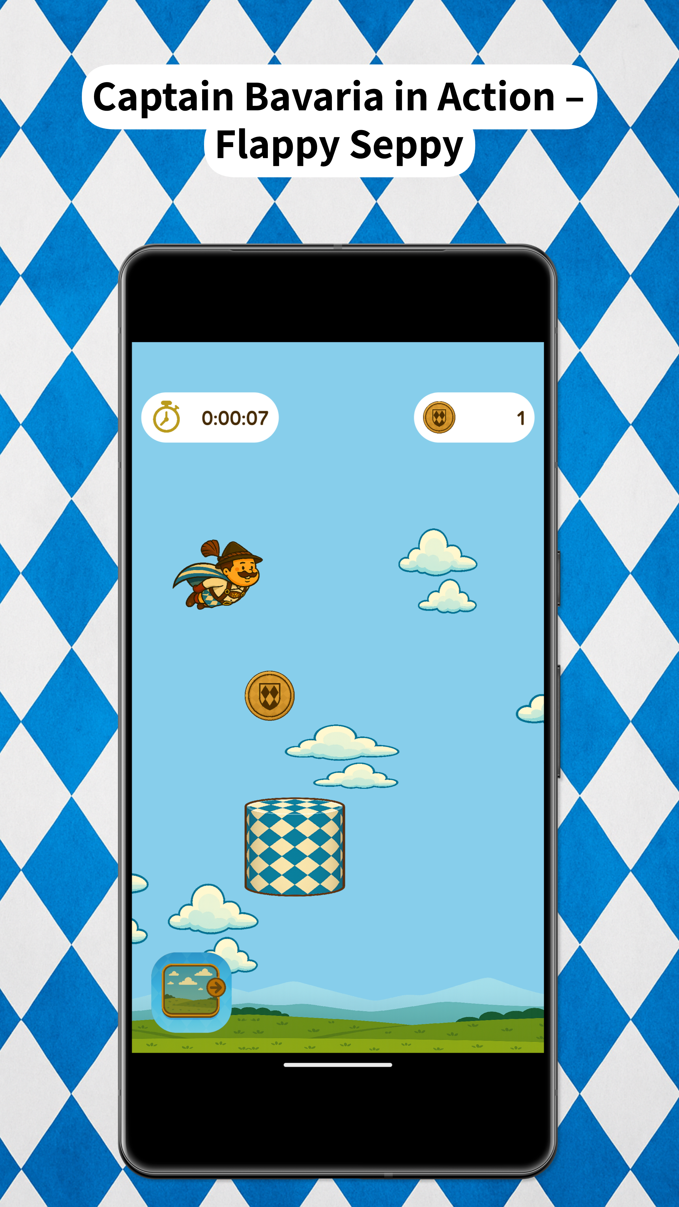 Screenshot vom Flappy Seppy -Minispiel in An Sepp sei App